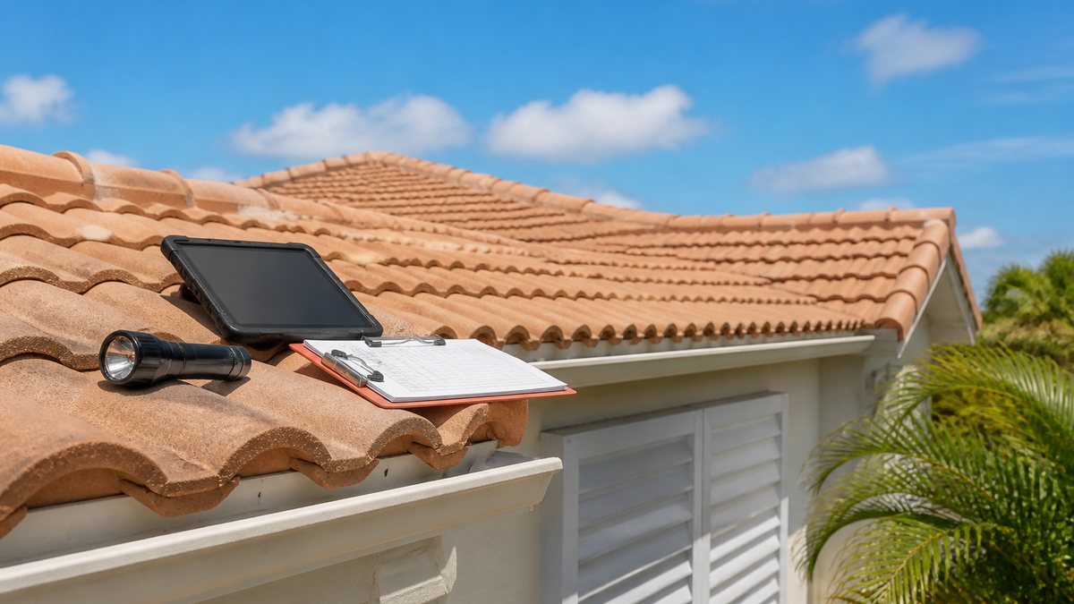 Inspection tablet, flashlight and clipboard on a barrel-tile roof of a South Florida house with shutters