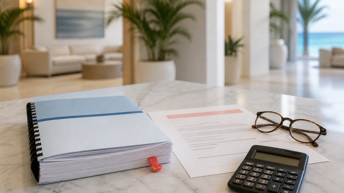 Association budget packet, meeting notice, calculator and glasses on a marble table in a condo lobby