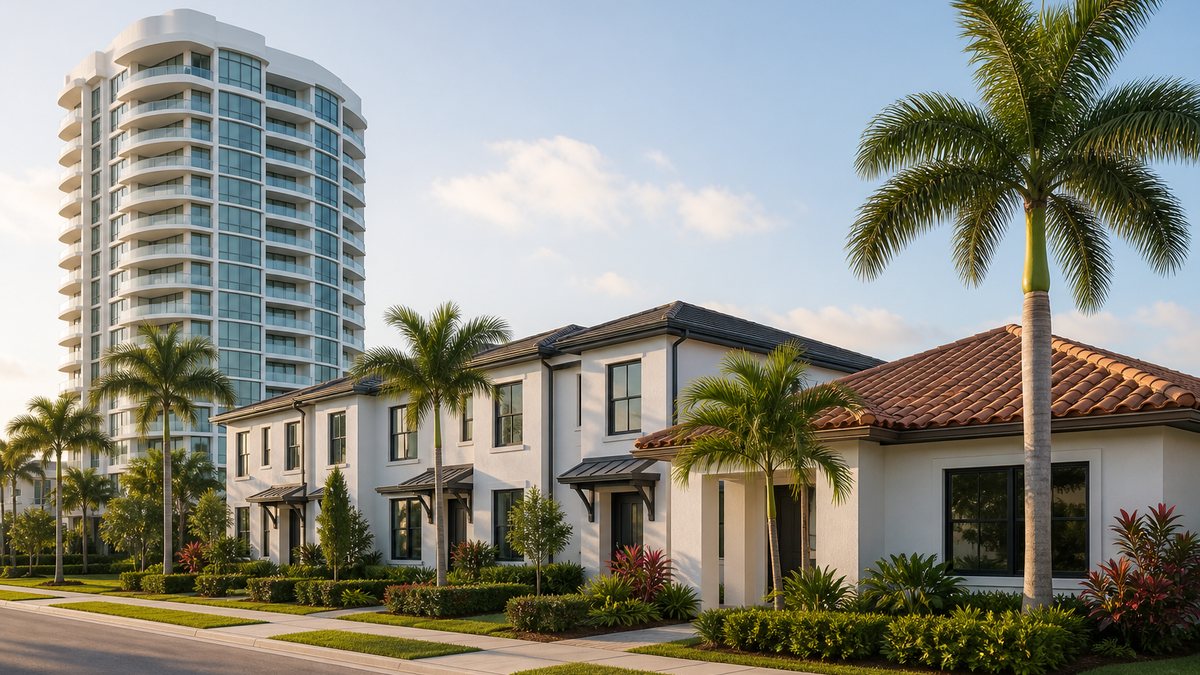 A condo tower, a row of townhouses and a single-family house with a tile roof on a palm-lined street