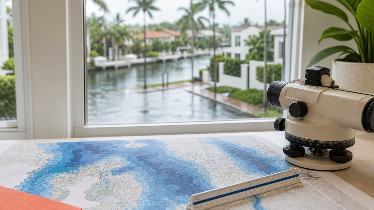 Blue-shaded flood map, ruler and surveyor's level on a desk, canal street with palms after rain outside