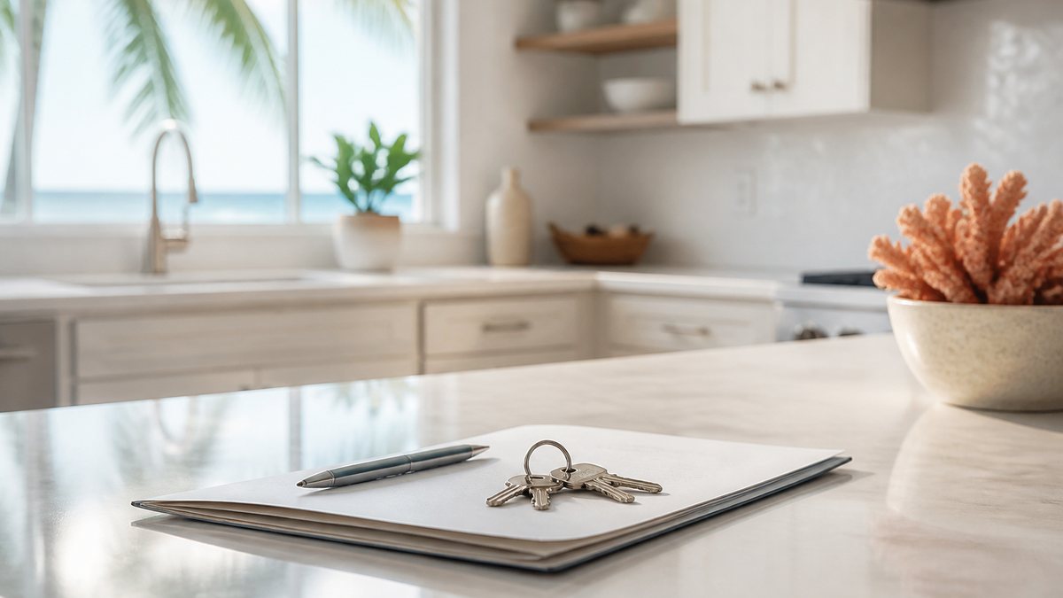 House keys and a pen on a closed document folder on a kitchen island, palm trees in the window