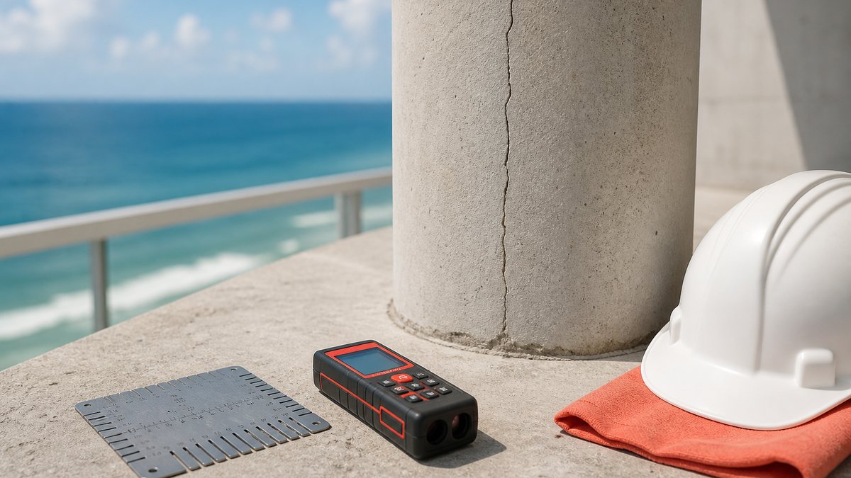 Crack gauge, laser measure and hard hat beside a concrete column with a hairline crack on a condo balcony