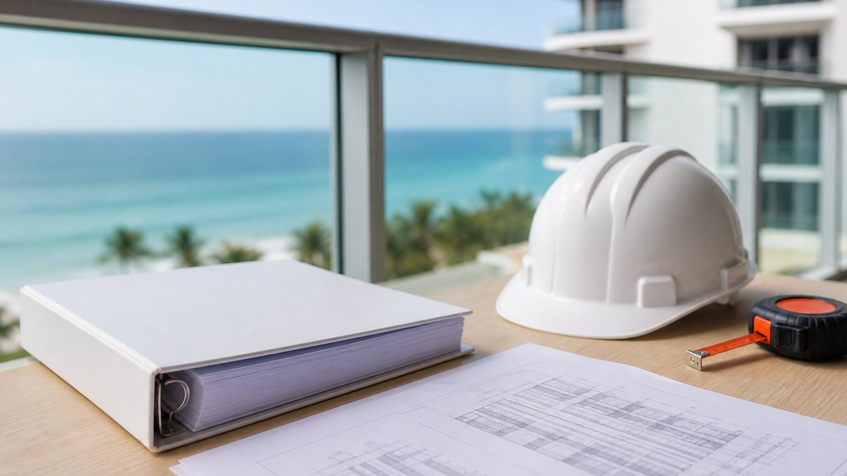 Reserve study binder, building drawings and a hard hat on a condo balcony table overlooking the ocean