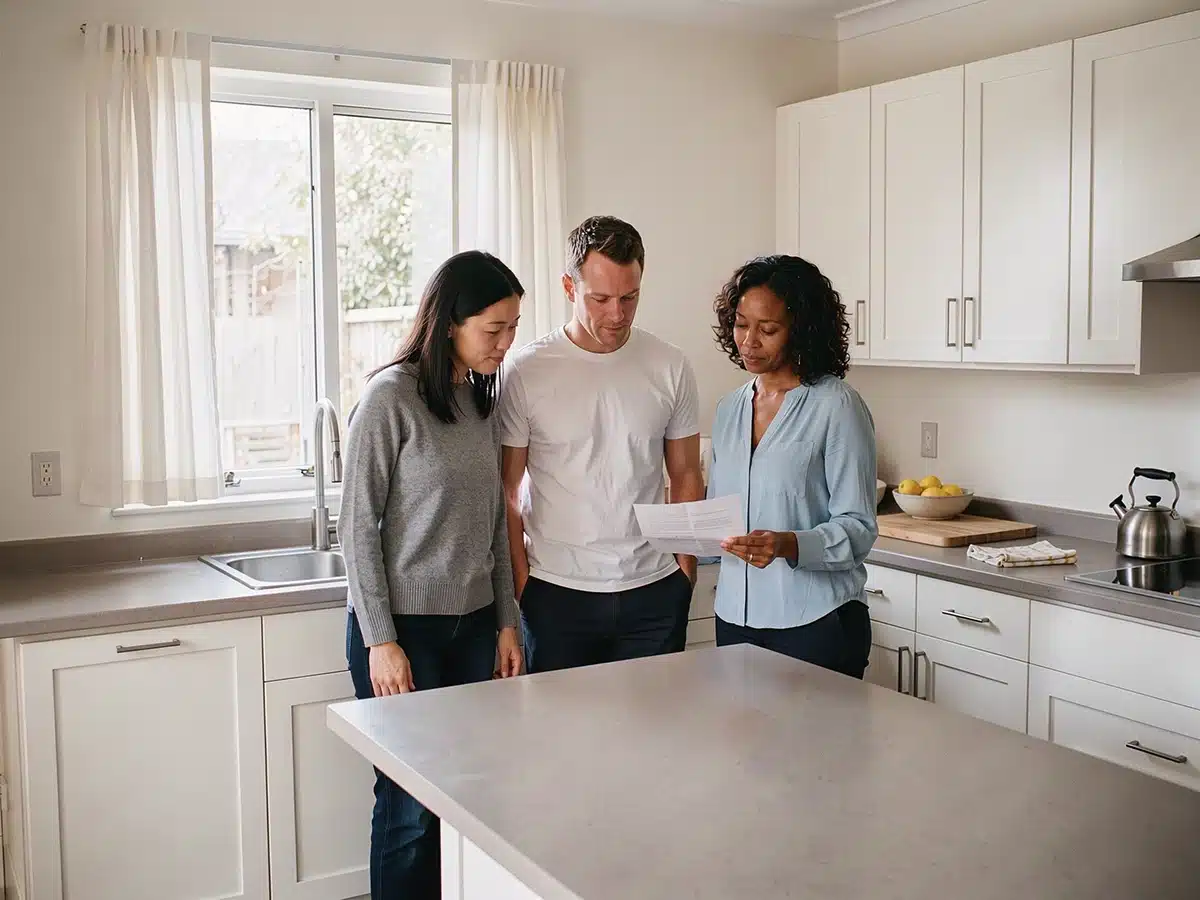 Three people reviewing documents together in a kitchen while planning how to lower living costs