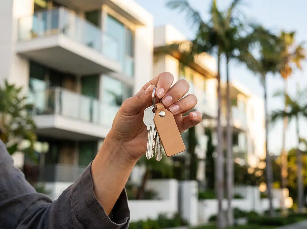 Hand holding apartment keys in front of a Miami condo building with balconies and palm trees