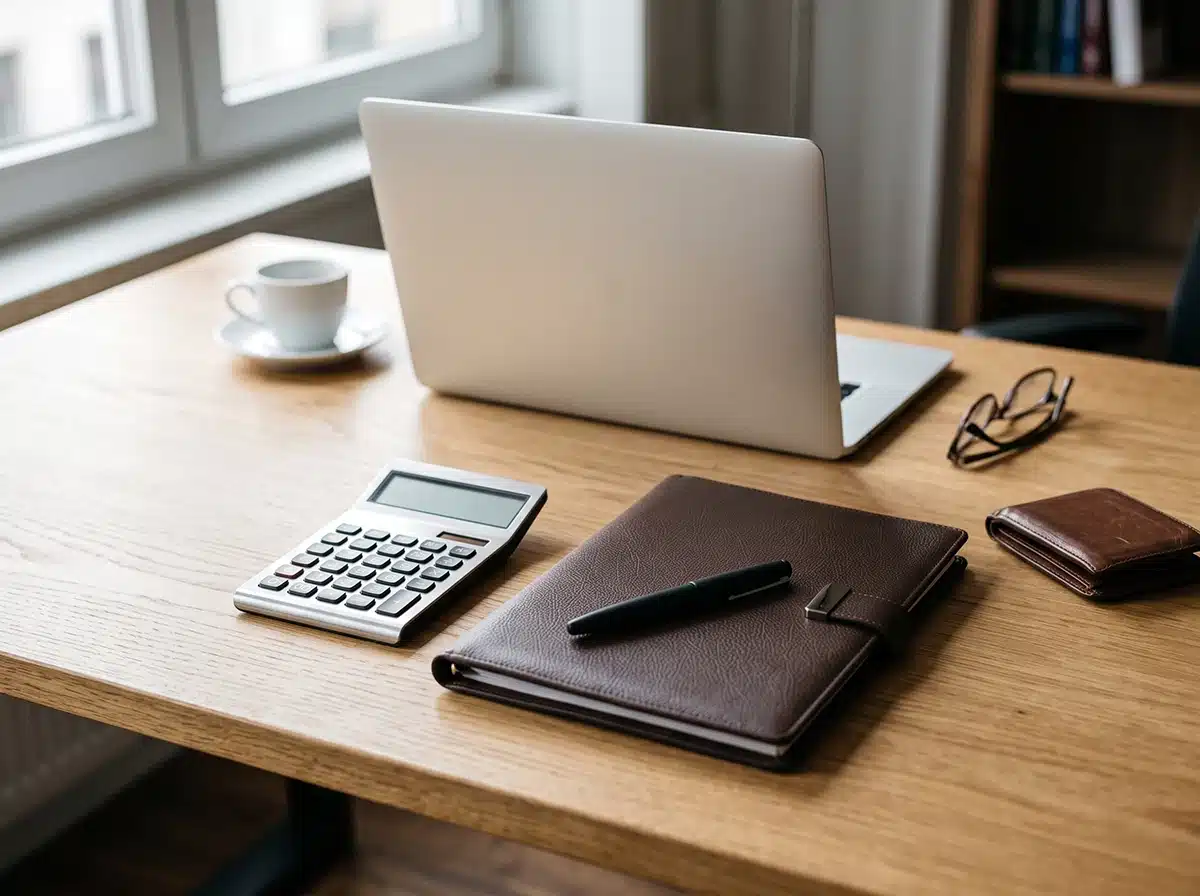 Laptop, calculator and notebook on a desk for calculating taxes and living costs in Miami