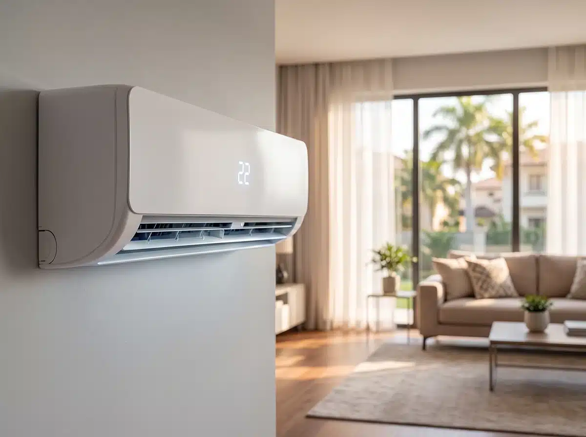 Wall-mounted air conditioner in a bright Miami apartment living room with a palm tree view